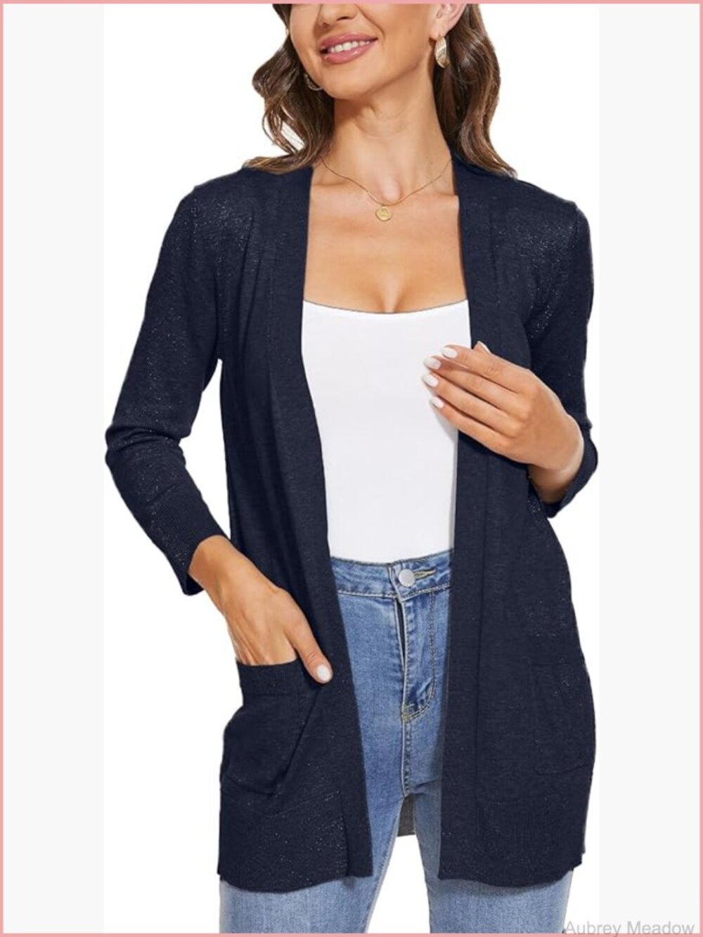 Women's 3/4 Sleeve Open Front Cardigan Sweater with Pockets Rib Hem Knit